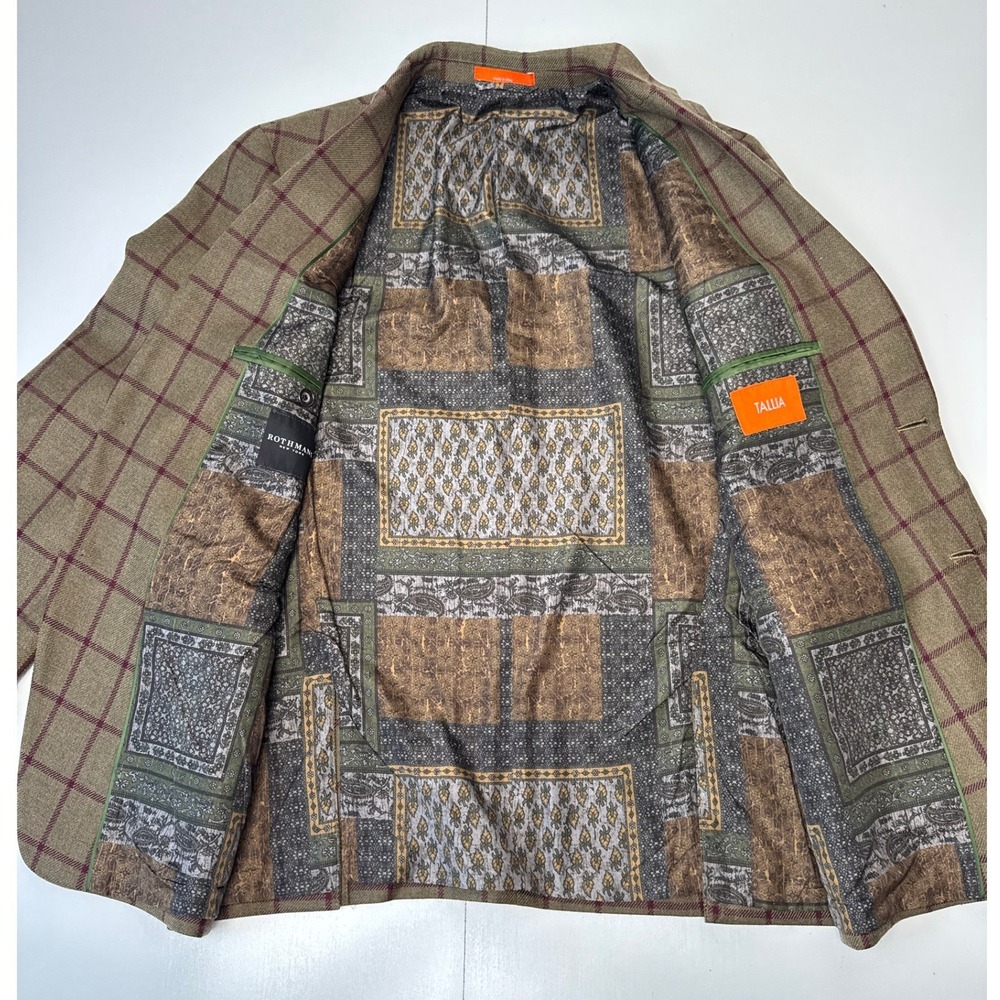 Tallia Rothmans New York Mens 40R Wool Blazer Olive Green Burgundy Plaid Jacket - Picture 5 of 10